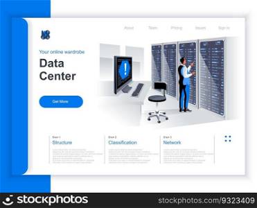 Data center isometric landing page. IT engineer servicing server equipment at data center situation. Hosting platform hardware and software, data storage and administration perspective flat design.