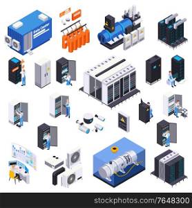 Data center isometric set of isolated icons and images of servers with power units and conditioners vector illustration