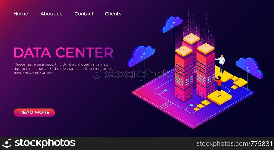 Data center landing page. Information database isometric website template. Server business technology web concept, vector illustrated business technology infographic web page. Data center landing page. Information database isometric website template. Server business technology web concept, vector illustrated business infographic web page