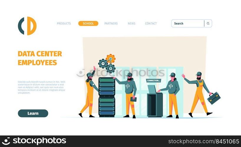 Data center landing. Servers engineers workers repairing industrial web servers garish vector web page template. Illustration of server database engineer and hardware support. Data center landing. Servers engineers workers repairing industrial web servers garish vector web page template