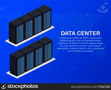 Data center. Mainframe service concept banner, server rack. Server room concept, data bank center. Vector stock illustration.