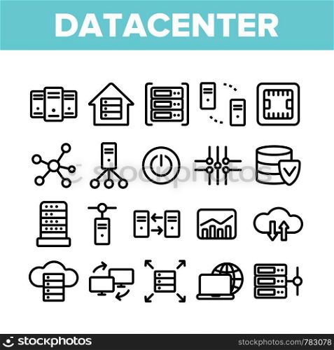 Data Center, Technology Linear Vector Icons Set. Data Analytics, Remote Access Thin Line Contour Symbols Pack. Cloud Computing, Networking Pictograms Collection. Hosting Business Outline Illustrations. Data Center, Technology Linear Vector Icons Set