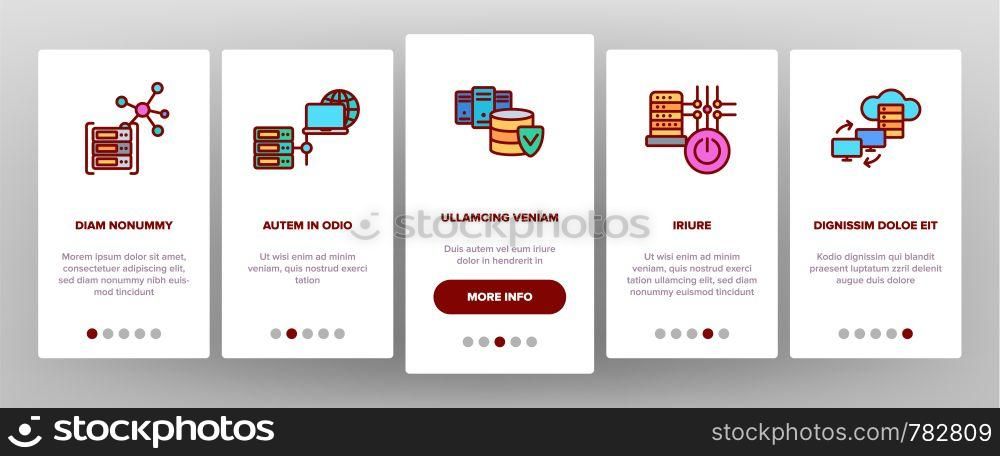 Data Center, Technology Onboarding Mobile App Page Screen Vector Icons Set. Data Analytics, Remote Access. Cloud Computing, Networking. Hosting Business Illustrations. Data Center, Technology Vector Onboarding Mobile App Page Screen