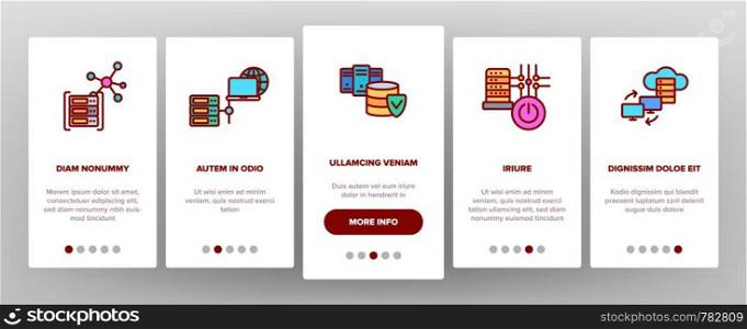 Data Center, Technology Onboarding Mobile App Page Screen Vector Icons Set. Data Analytics, Remote Access. Cloud Computing, Networking. Hosting Business Illustrations. Data Center, Technology Vector Onboarding Mobile App Page Screen