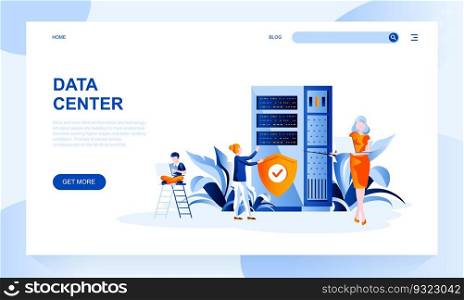 Data center vector landing page template with header. Computer systems and telecommunications web banner, homepage design with flat illustrations. Database, information storage and hardware. Data center vector landing page template with header. Computer systems and telecommunications web banner, homepage design with flat illustrations