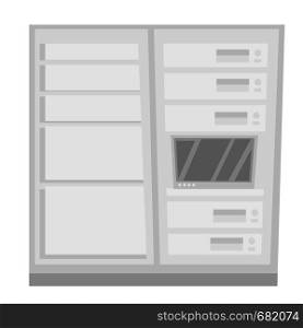 Data center with server cabinets vector cartoon illustration isolated on white background.. Data center vector cartoon illustration.