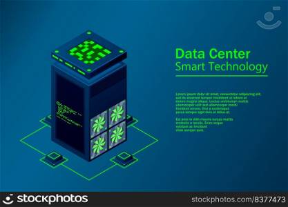 Data center with server racks isometric. Internet network equipment, smart technology, cloud database sign, computer technology vector illustration.