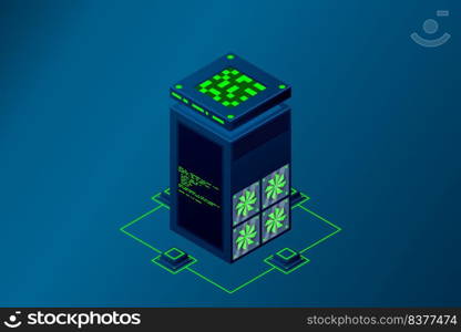 Data center with server racks isometric. Internet network equipment, smart technology, cloud database sign, computer technology vector illustration.