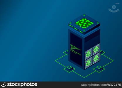 Data center with server racks isometric. Internet network equipment, smart technology, cloud database sign, computer technology vector illustration.