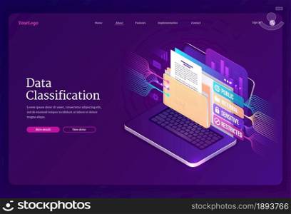 Data classification banner. Concept of sorting and organization information and documents on computer. Vector landing page of organize database with isometric laptop with folder. Data classification vector banner