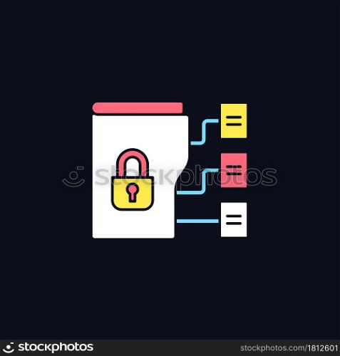 Data classification RGB color icon for dark theme. Organize information into categories. Sensitivity levels. Isolated vector illustration on night mode background. Simple filled line drawing on black. Data classification RGB color icon for dark theme