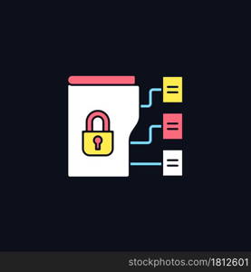 Data classification RGB color icon for dark theme. Organize information into categories. Sensitivity levels. Isolated vector illustration on night mode background. Simple filled line drawing on black. Data classification RGB color icon for dark theme