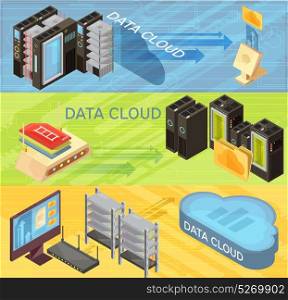 Data Cloud Isometric Banners Set. Set of horizontal isometric banners with data cloud, information transfer, router, hosting servers, computer isolated vector illustration