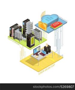 Data Cloud Isometric Infographics. Isometric infographics with user workstation, digital cloud and servers for data storage on white background vector illustration