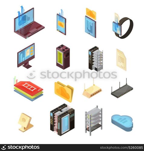 Data Cloud Isometric Set. Data cloud isometric set with files, transfer information, computer and mobile devices, server, router isolated vector illustrations
