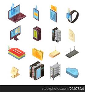 Data cloud isometric set with files, transfer information, computer and mobile devices, server, router isolated vector illustrations. Data Cloud Isometric Set