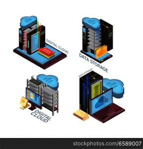 Data cloud service isometric concept with hosting server, information transfer, computer and mobile devices isolated vector illustration  . Data Cloud Service Isometric Concept