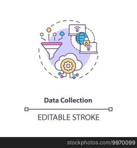 Data collection concept icon. M2M communication type idea thin line illustration. Gathering and measuring information from different sources. Vector isolated outline RGB color drawing. Editable stroke. Data collection concept icon