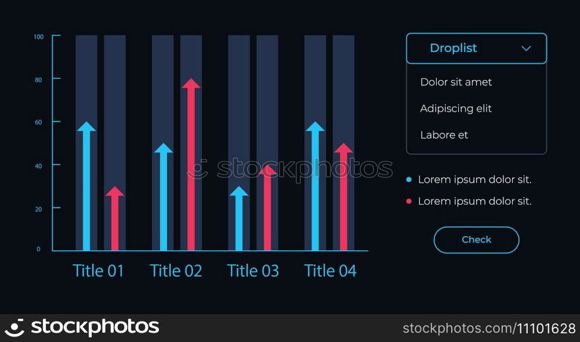 Data comparison chart UI element template. Editable isolated vector dashboard component. Flat user interface. Visual data presentation. Web design widget for mobile application with dark theme. Data comparison chart UI element template