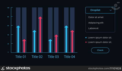 Data comparison chart UI element template. Editable isolated vector dashboard component. Flat user interface. Visual data presentation. Web design widget for mobile application with dark theme. Data comparison chart UI element template