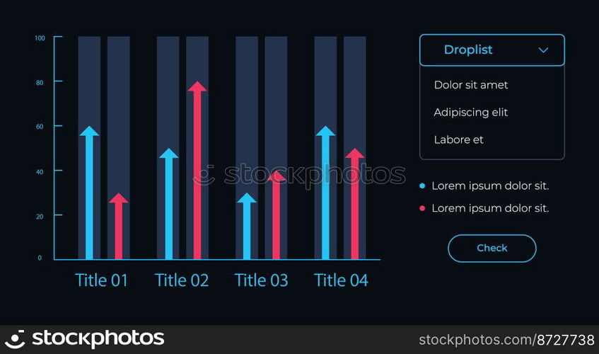 Data comparison chart UI element template. Editable isolated vector dashboard component. Flat user interface. Visual data presentation. Web design widget for mobile application with dark theme. Data comparison chart UI element template