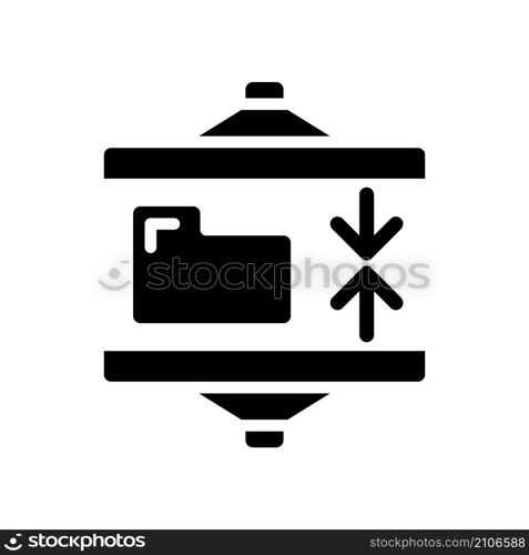 Data compression technique black glyph icon. Digital information storage. Data mining technology for development. Virtual massive. Silhouette symbol on white space. Vector isolated illustration. Data compression technique black glyph icon