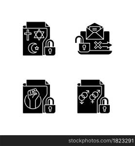 Data confidentiality black glyph icons set on white space. Religious beliefs info. Unencrypted email. Trade union membership. Sexual orientation. Silhouette symbols. Vector isolated illustration. Data confidentiality black glyph icons set on white space