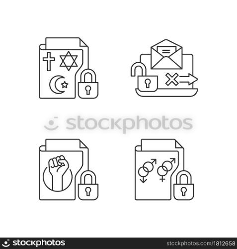 Data confidentiality linear icons set. Religious beliefs info. Unencrypted email. Sexual orientation. Customizable thin line contour symbols. Isolated vector outline illustrations. Editable stroke. Data confidentiality linear icons set