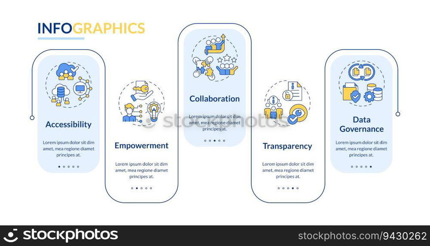 Data democratization vector infographics template, data visualization with 5 steps, process timeline chart.. Data democratization layout with linear icons
