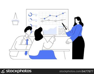 Data-driven decision-making abstract concept vector illustration. Businesswoman showing statistics to colleagues in office, data-driven decision-making, critical thinking abstract metaphor.. Data-driven decision-making abstract concept vector illustration.