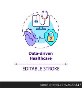 Data-driven healthcare concept icon. Technology innovation. Medicine macro trends abstract idea thin line illustration. Isolated outline drawing. Editable stroke. Arial, Myriad Pro-Bold fonts used. Data-driven healthcare concept icon