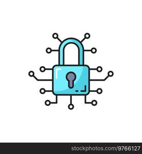 Data encryption and information secure outline icon with padlock and computer board circuit. Data access safety, Internet privacy and network protect technology thin line vector icon or pictogram. Data encryption, information secure outline icon