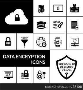 Data Encryption Black Icons Composition Banner . Electronic data transfer security encryption symbols icons composition banner with padlock shield and cloud black abstract vector illustration