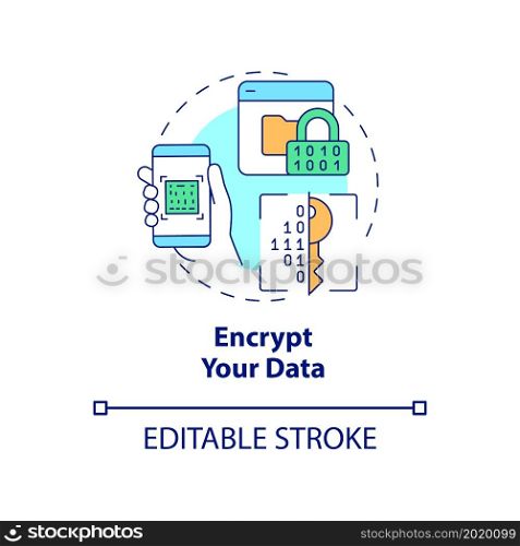 Data encryption concept icon. Personal information protection online abstract idea thin line illustration. Safe internet surfing. Vector isolated outline color drawing. Editable stroke. Data encryption concept icon
