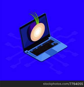 Data encryption cyber security isometric composition with isolated image of laptop computer and tor onion network vector illustration. Onion Cyber Security Concept