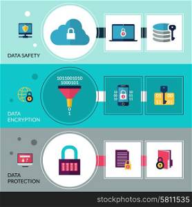 Data encryption horizontal banners set with safety and protection elements isolated vector illustration. Data Encryption Banners