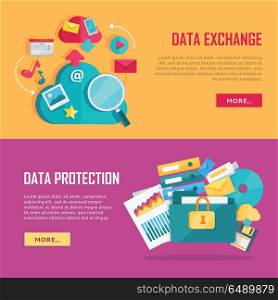 Data Exchange and Protection Banners Set. Data exchange and data protection banners set. Data protection and exchange design flat concept. Technology web, internet information data integration and transforming. Data provision. Vector
