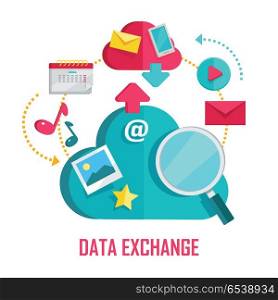Data Exchange Banner. Data exchange banner. Networking communication and data icons on white background. Data protection, global storage and online cloud storage, media content, online communication, cloud computing.