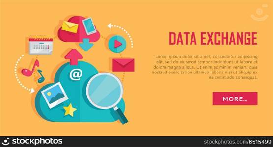 Data Exchange Banner. Data exchange banner. Networking communication and data icons on yellow background. Data protection, global storage and online cloud storage, media content, online communication, cloud computing.