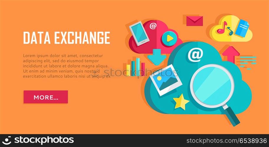 Data Exchange Banner. Data exchange banner. Networking communication and data icons on yellow background. Data protection, global storage and online cloud storage, media content, online communication, cloud computing.