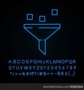 Data filtering system neon light icon. Machine learning process. Data mining. Funnel. Statistics gathering. Glowing sign with alphabet, numbers and symbols. Vector isolated illustration. Data filtering system neon light icon