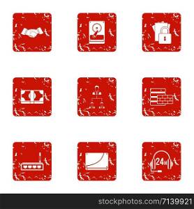 Data finance icons set. Grunge set of 9 data finance vector icons for web isolated on white background. Data finance icons set, grunge style