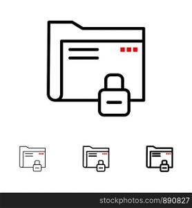 Data, Folder, Password, Protection, Secure Bold and thin black line icon set