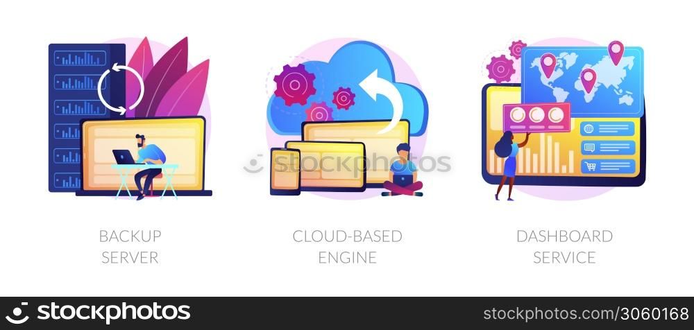 Data hosting technology. Cloud computing security. Remote access, network storage. Backup server, cloud-based engine, dashboard service metaphors. Vector isolated concept metaphor illustrations. Data processing and recovery vector concept metaphors