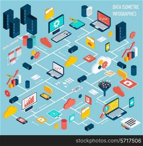 Data infographic isometric set with data center and network elements vector illustration