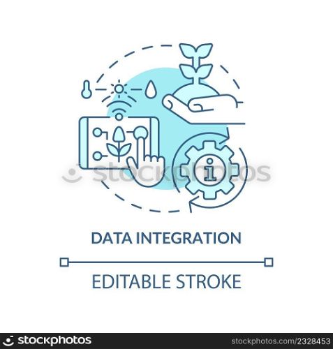 Data integration turquoise concept icon. Farming innovation providing abstract idea thin line illustration. Isolated outline drawing. Editable stroke. Arial, Myriad Pro-Bold fonts used. Data integration turquoise concept icon