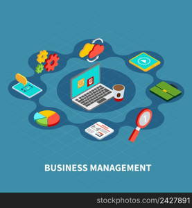 Data isometric circle composition with statistical pictograms of gear electronic gadgets and laptop computer with text vector illustration. Management Round Isometric Composition