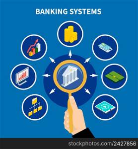 Data isometric conceptual background with text and human hand with magnifying lens and financial banking icons vector illustration. Banking Systems Pictogram Concept