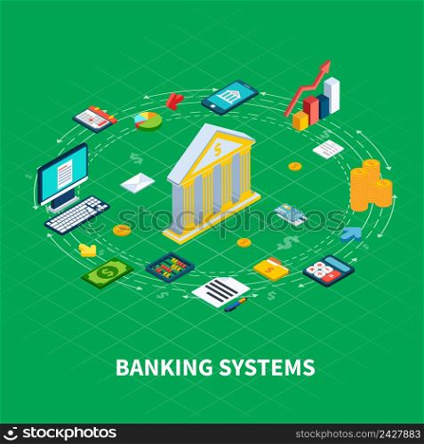 Data isometric round composition of organiser items and money icons with computer electronics and bank facade vector illustration. Banking Industry Round Composition