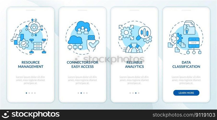 Data lake architecture blue onboarding mobile app screen. Walkthrough 4 steps editable graphic instructions with linear concepts. UI, UX, GUI template. Myriad Pro-Bold, Regular fonts used. Data lake architecture blue onboarding mobile app screen